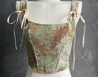 Victorian corset, lace-up corset, Renaissance corset, princess crop top, vintage oil painting corset, embroidered camisole