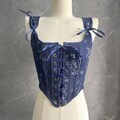 Blue Floral Tight Corset | Short Flower Top | Retro Style Corset| Vintage Waist Shapewear | Front Tie Herringbone Corset