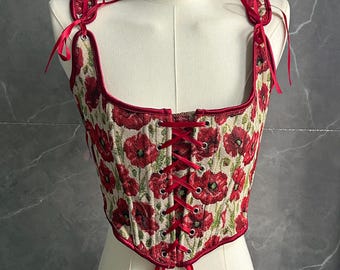 Renaissance Floral Corset Top, Vintage Lace-Up Bustier, French Milkmaid Style, Fairy Princess Corset Blouse