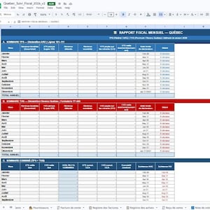 May include: A spreadsheet titled "Quebec Suivi Fiscal 2026" with a blue and red header. The document is organised into rows and columns, with text in French. The spreadsheet is for tracking financial data, including tax information.