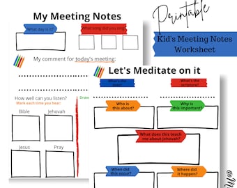 JW Kids Printable Meeting Worksheet, and Bible Reading Meditation Worksheet, Kids Meeting Notes