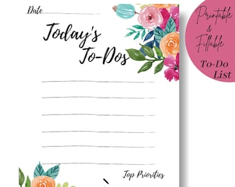 Fillable and Printable To Do List, Printable Checklist, Printable Daily Planner