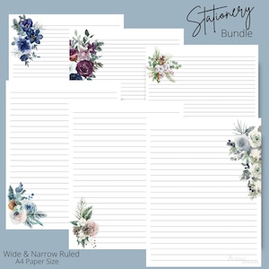 A4 Size Winter Lined Floral Stationery, Letter Writing Stationery, A4 Winter Printable Stationery