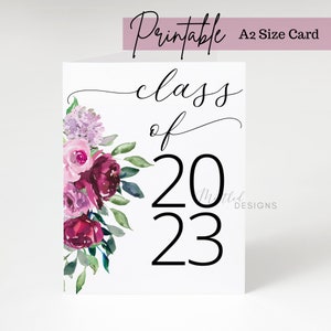 Cartões de felicitações florais para impressão de 2023, cartão comemorativo de formatura de 2023 para download digital