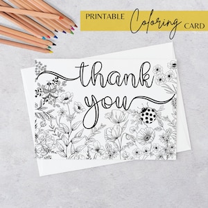 Cartão para colorir floral de agradecimento para impressão, cartão para colorir para adultos e crianças com download digital