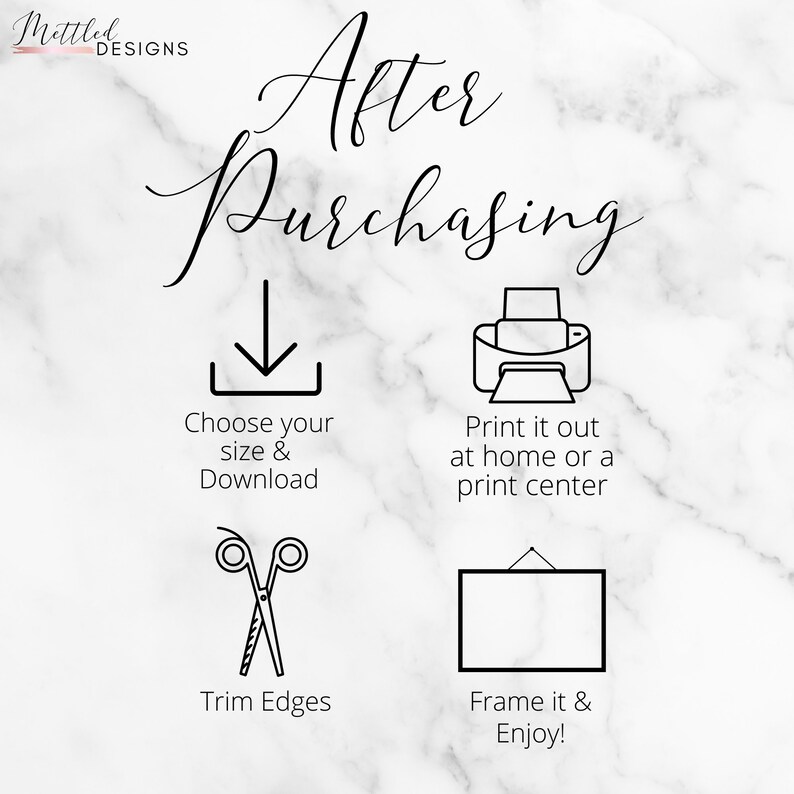 May include: A white marble background with black text that reads "After Purchasing".  Four black icons illustrate the steps to follow after purchasing a digital download: download, print, trim, and frame.