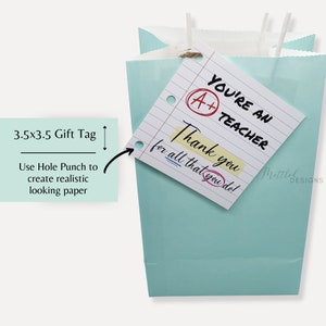 May include: A light blue gift bag with a white gift tag that says "You're an A+ Teacher Thank you for all that you do!" The gift tag is 8.9 cm by 8.9 cm and has a hole punched in the top left corner.