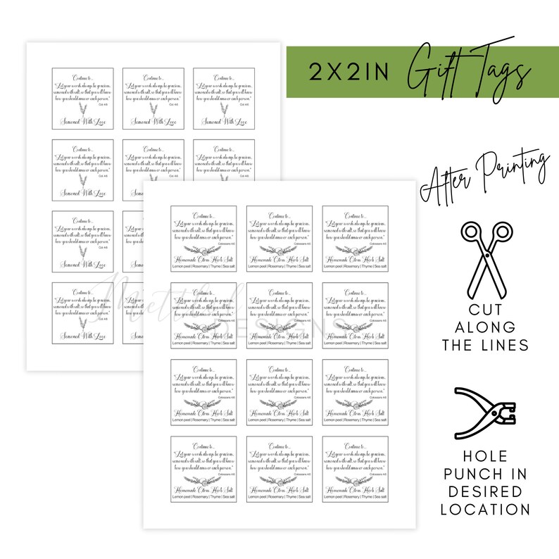 May include: Two sheets of white gift tags with black text and graphics. The tags are labeled "Homemade Citrus Herb Salt" and include a quote. Instructions for cutting and hole punching are also shown.