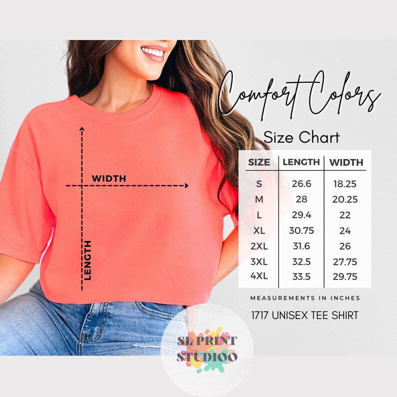 May include: A coral-colored short-sleeve t-shirt with a size chart overlay. The chart lists sizes S through 4XL with corresponding length and width measurements in inches. The text Comfort Colors Size Chart and 1717 Unisex Tee Shirt are visible.