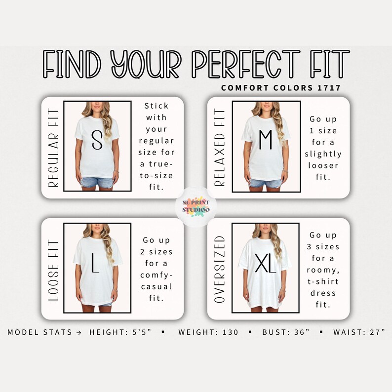 May include: A size guide chart titled FIND YOUR PERFECT FIT COMFORT COLORS 1717. It displays four white t-shirts on a model labeled S, M, L, and XL, illustrating regular, relaxed, loose, and oversized fits with text instructions and model stats: height 5'5", weight 130, bust 36", waist 27".