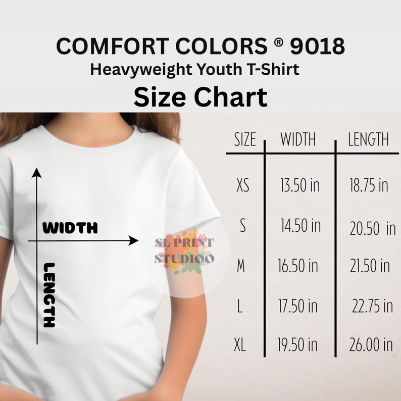 May include: A white Comfort Colors 9018 heavyweight youth t-shirt size chart. The chart lists sizes XS through XL with corresponding width and length measurements in inches, ranging from 13.50 to 19.50 inches wide and 18.75 to 26.00 inches long.