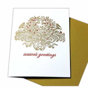 Letterpress Christmas Card with Holiday Seasons Greetings Trumpet Fanfare