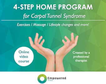 以下が含まれることがあります： 緑と青のグラフィックで、「4-STEP HOME PROGRAM for Carpal Tunnel Syndrome」と「Exercises / Massage / Lifestyle changes and more!」というテキストが書かれています。グラフィックには、「Online video course」と「Created by a professional therapist」というテキストも含まれています。グラフィックは、手のひらを上に向けている手のペアを特徴としています。