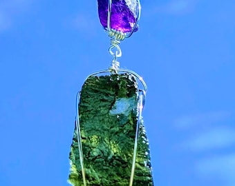 Moldavite Necklace LARGE With Amethyst Crystal! World Class Sterling Silver Jewelry Authenticity Certificate