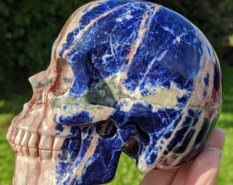 DIVINE SODALITE Crystal Skull! LARGE Super Realistic Rich Glowing Blue & Red Orange Color Exceptional Hand Carved Natural Stone .