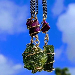 MOLDAVITE & SUGILITE PENDANT In Real Gold! 12 Kt Genuine Crystal Necklace. Synergy 12 Tektite Metaphysical Jewelry Meteorite Wire Wrap Stone
