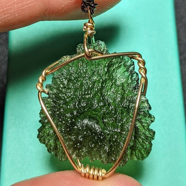 Large Moldavite Necklace In 14 kt Gold Moldavite Pendant Certificate of Authenticity