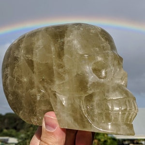 May include: A clear quartz crystal skull with a rainbow in the background. The skull is carved with detailed features, including eye sockets, a nose, and a mouth with teeth.