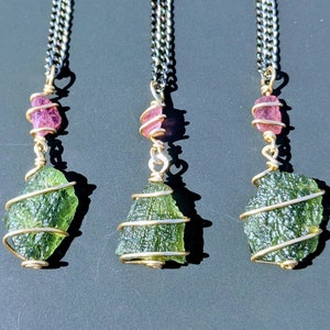 MOLDAVITE NECKLACE & Beautiful Pink Tourmaline In Real 12kt Gold /  Genuine Moldavite Pendant/ Certified Authentic Moldavite Jewelry
