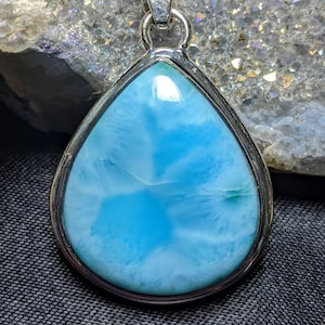 TEARDROP BLUE LARIMAR Pendant In Solid 925 Silver.  Richly Colored Blue & Aqua Ocean Patterns! Atlantis Stone/ Pectolite/ Crystal Necklace