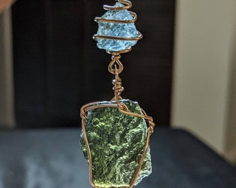 Large Moldavite & Aquamarine Necklace In 14kt Gold Certificate Authenticity Pendant