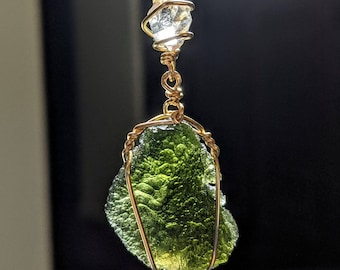 LARGE MOLDAVITE & HERKIMER Diamond Necklace In Real Gold 12 Kt Pendant Certificate of Authenticity