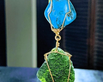 LARGE MOLDAVITE & TURQUOISE Necklace In Real Gold 12 Kt Pendant Jewelry Handmade Wire Wrap Certificate of Authenticity