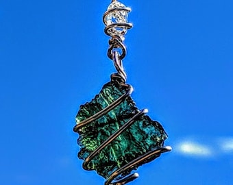 MOLDAVITE & HERKIMER DIAMOND Necklace Wire Wrap 925 Silver! Metaphysical Reiki Amulet Synergy 12 Genuine Crystal Pendant Tektite Meteorite!