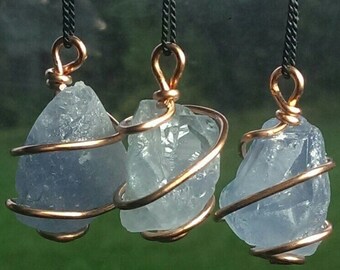 CELESTITE NECKLACE! Celestite Spiral Wrapped Copper Jewelry ! Ocean Blue Madagascar Celestite AKA Celestine. Metaphysical crystal jewelry.