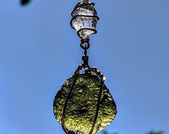 LARGE MOLDAVITE & HERKIMER Diamond Necklace In Real Gold! 12 Kt Crystal Pendant. Synergy 12 Tektite Metaphysical Jewelry Meteorite Wire Wrap