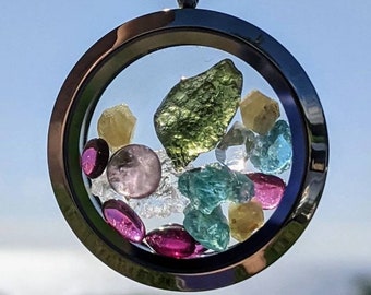 Moldavite Pendant / Phenacite / Herkimer Diamond /  Locket Necklace / Certified Genuine
