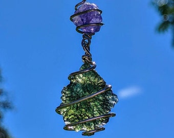 MOLDAVITE & TANZANITE Necklace Wire Wrap 925 Silver CHARGED Handmade Spiritual Healing Jewelry Synergy 12 Crystal Pendant Tektite Meteorite!