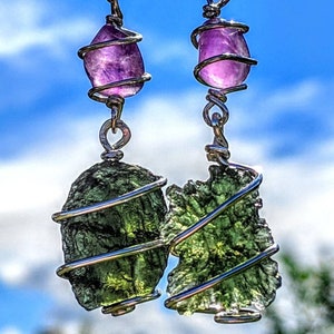 Collar de MOLDAVITA y AURALITA 23 con envoltura de alambre de plata 925 Amuleto metafísico para chakras AUTÉNTICO Sinergia 12 Colgante de cristal Cuarzo meteorito tectita