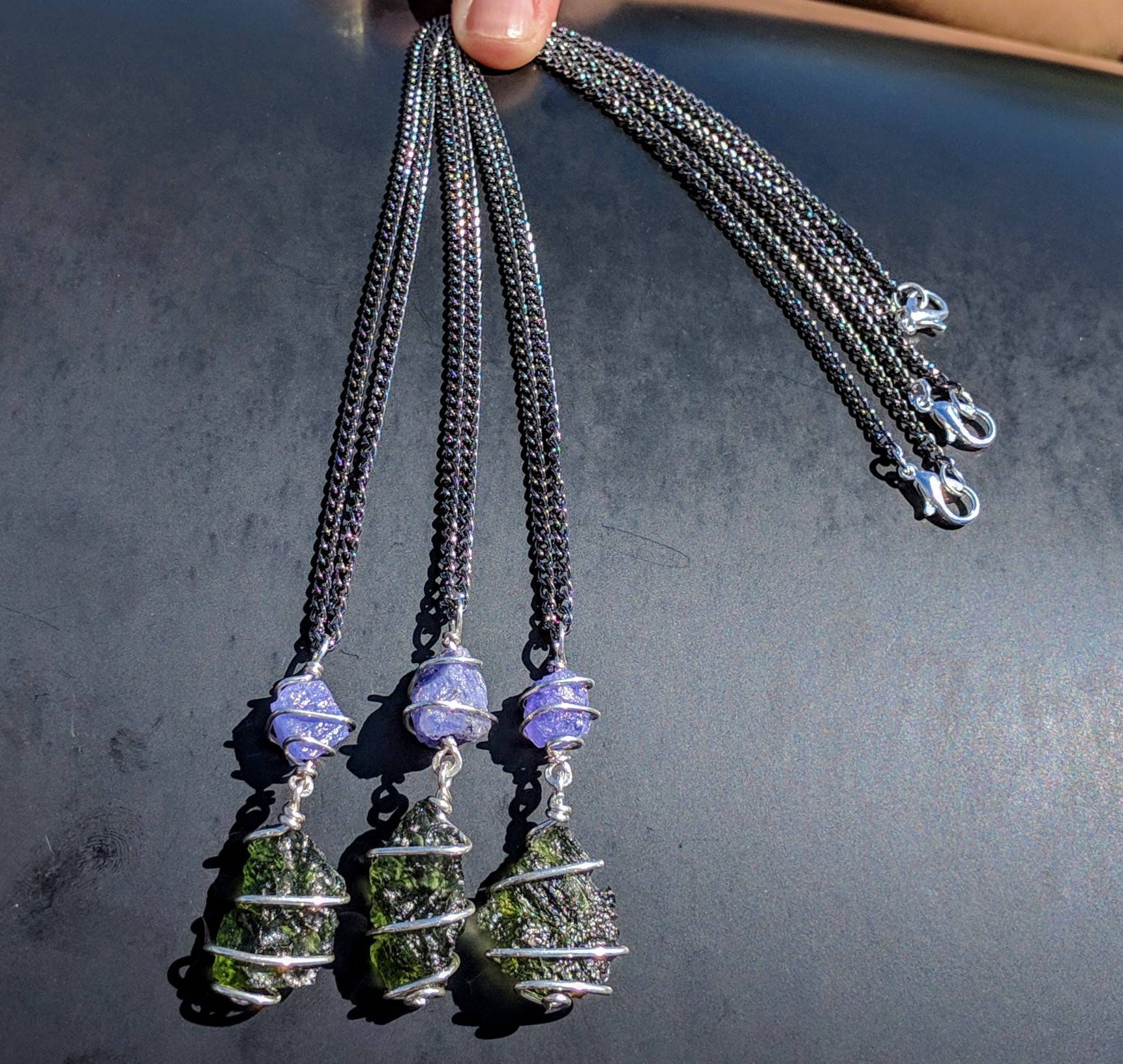 モルダバイト & タンザナイト ネックレス ワイヤーラップ 925 シルバー