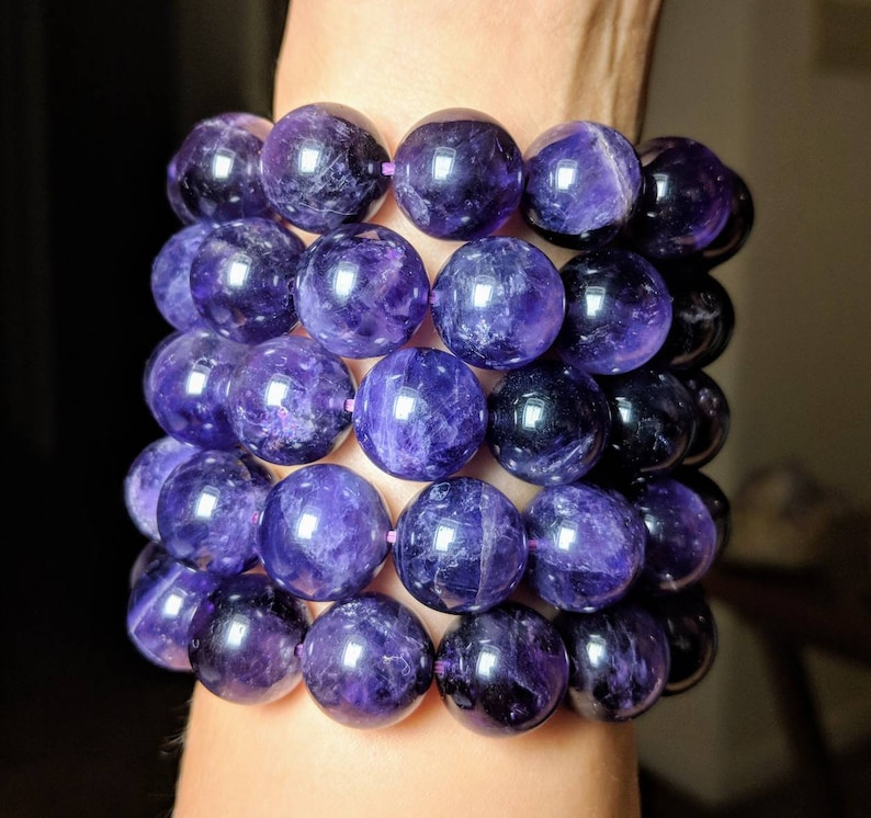 RICH PURPLE AMETHYST Bracelet Glowing 14mm Round Beads 1 One Gem Purple Quartz Jewelry- Multi Size Stretch Aquarius Pisces Birthstone