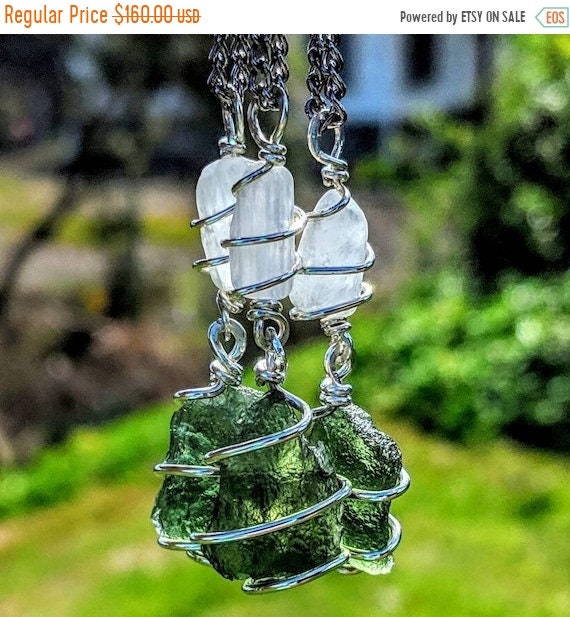 MOLDAVITE & SELENITE Necklace Wire Wrap 925 Silver Jewelry! CHARGED M…