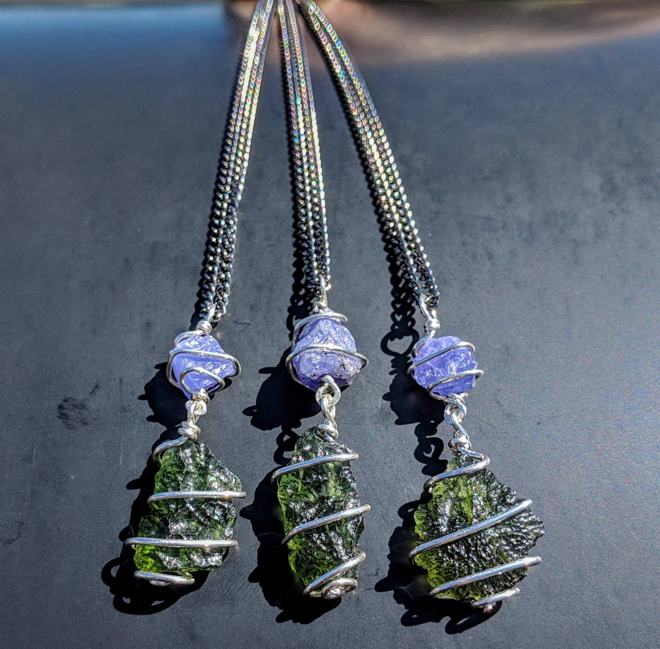 モルダバイト & タンザナイト ネックレス ワイヤーラップ 925 シルバー