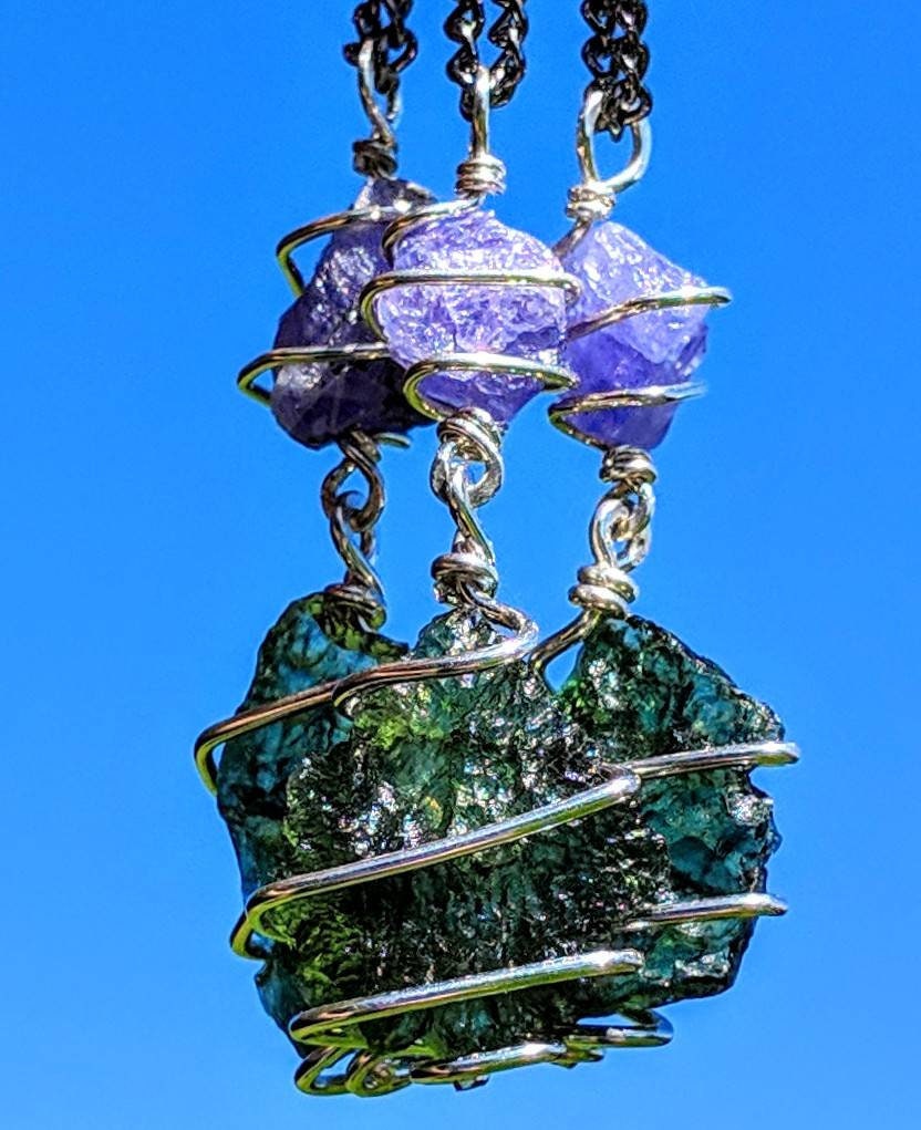 モルダバイト & タンザナイト ネックレス ワイヤーラップ 925 シルバー