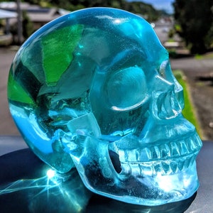 AQUA BLUE OBSIDIAN Crystal Skull! Large Gem Human Made Dimensional Star Being Metaphysical Gemstone Home Decor Carving Super Realistic