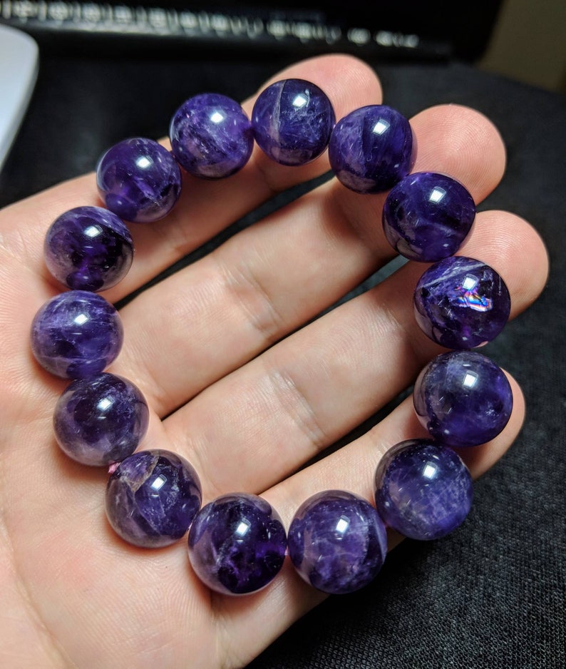 RICH PURPLE AMETHYST Bracelet Glowing 14mm Round Beads 1 One Gem Purple Quartz Jewelry- Multi Size Stretch Aquarius Pisces Birthstone