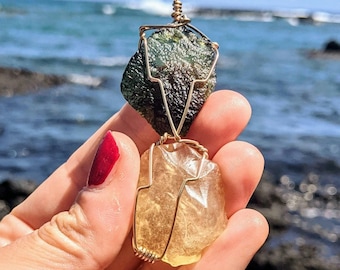 Huge Moldavite and Libyan Desert Glass Tektite in Real Gold Certificate of Authenticity