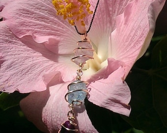 Sugilite, Kunzite, Aquamarine "Angel Kiss" Synergy Necklace Wrapped in Real 18k Gold! Metaphysical Crystal Ascension Pendant / Reiki/ Chakra