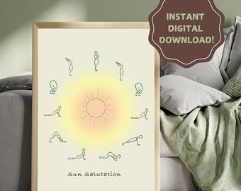 May include: A printable poster with a yellow sun and green line drawings of a person in different yoga poses. The text "Sun Salutation" is at the bottom of the poster.
