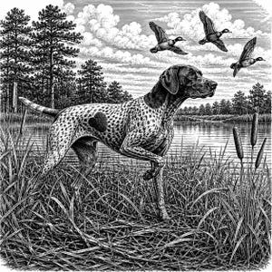 Op de afbeelding: Een zwart-wit illustratie in inktstijl met een gevlekte pointer-hond die in hoog moerasgras bij een meer staat. Drie eenden zijn afgebeeld in vlucht tegen een bewolkte lucht boven een bos met dennenbomen op de achtergrond.