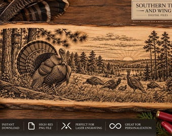 May include: A rectangular wooden plaque featuring a laser-engraved scene of a wild turkey with a fanned tail standing near a fallen log, with other turkeys in a forest landscape at sunrise. The text SOUTHERN TINE AND WING DIGITAL FILES is visible.