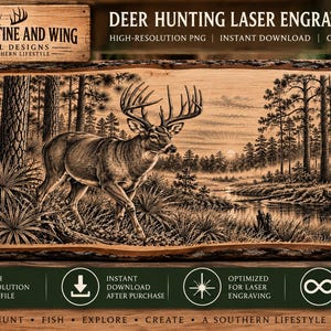 May include: A digital laser engraving file featuring a detailed illustration of a buck in a forest landscape with a river at sunset. The text reads DEER HUNTING LASER ENGRAVING FILE, HIGH-RESOLUTION PNG, INSTANT DOWNLOAD, and COMMERCIAL USE.