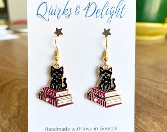 Black Cat Earrings: Cat on Stacked Books Witchy Accessory