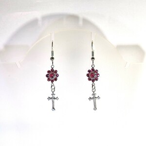 Sterling Silver Cross Earrings - Sterling Silver Ear Wires - Swarovski Crystal - Several Colors Available - Shown in Rose
