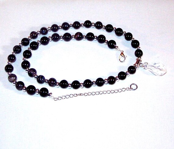 Gemstone & Swarovski Crystal Jewelry - Black Agate and Swarovski Crystal Necklace