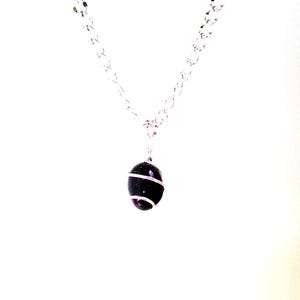 Gemstone Necklace - Black Agate - Large Hand-cut Wire-wrapped Tumbled Nugget - Heavy Silver Plated Chain - 20&quot; Necklace